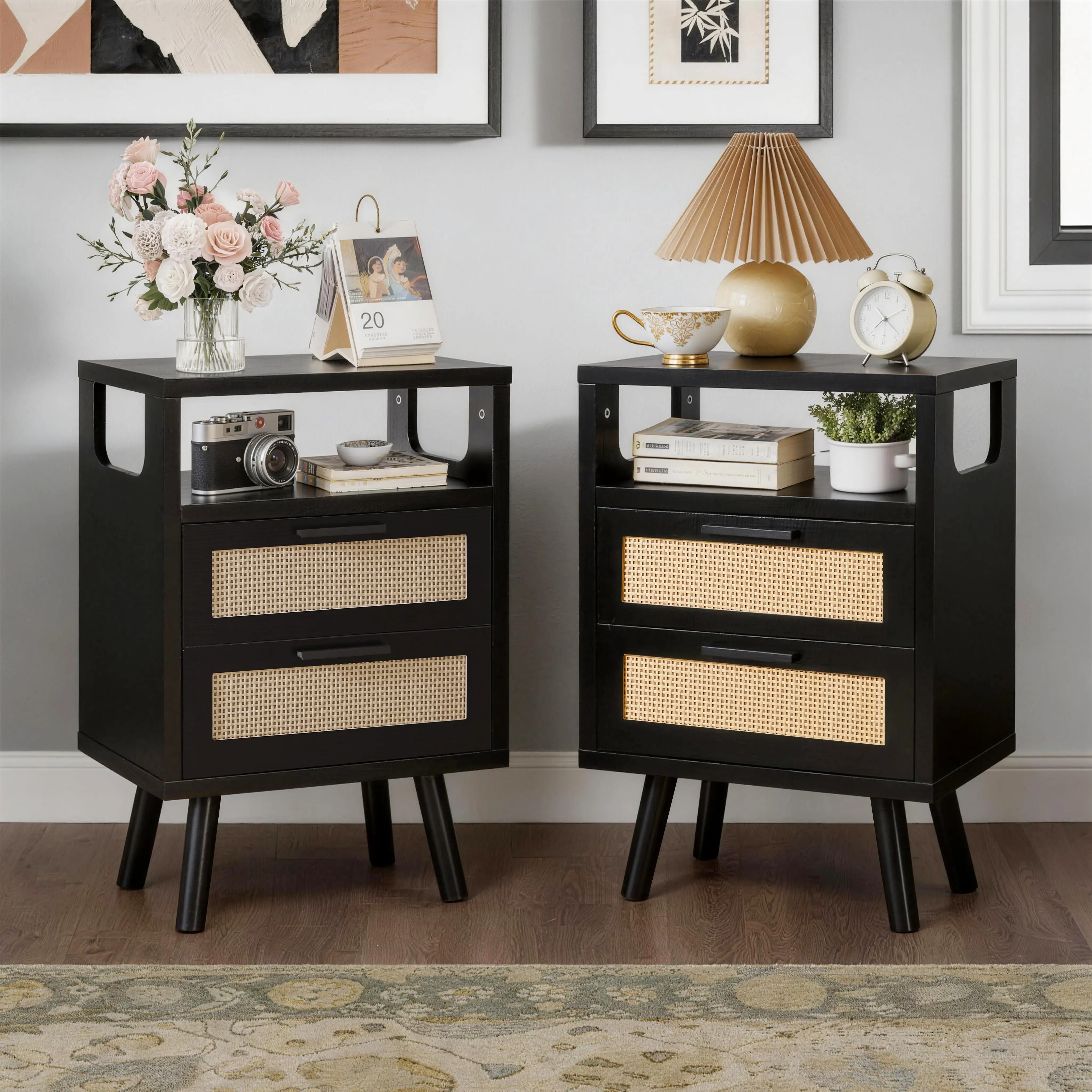 ARCH Set of 2 Modern Bedside Tables with 2 Drawers, 15.4" Wooden Nightstand End Table with Golden Metal Handles, Storage Side Table for Bedroom Living Room, Black, Bedroom Bedside Table for Bedroom, Guest Room, Dorm, Apartment and Small Spaces