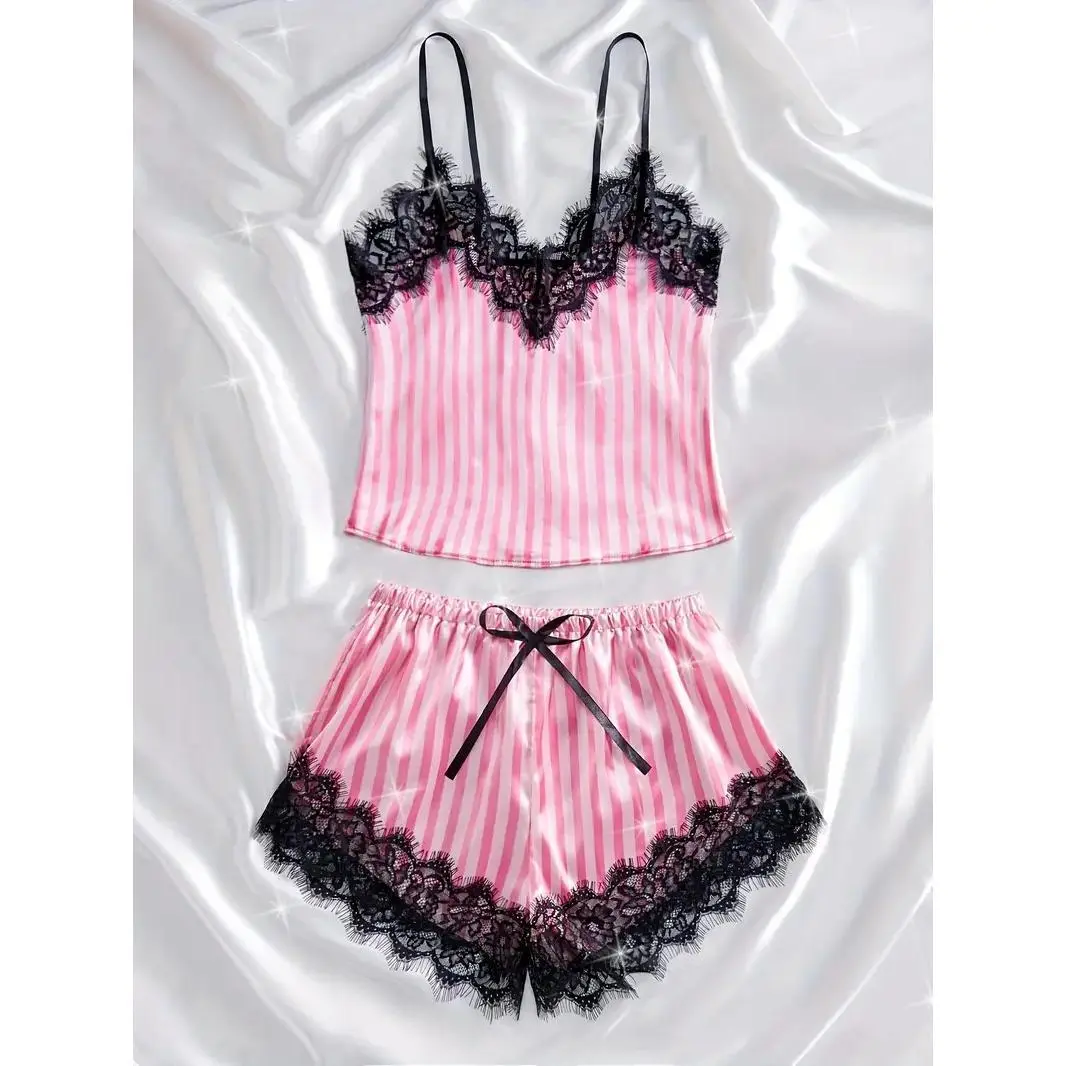 Summer Silk Satin Women's V-Neck Sexy Lace Suspender Pajama Shorts Set Stripes Heart Casual Women's Sleeveless Sexy Pajama Set  Pink and White Stripes Fabric Soft and Smooth Pajama Set