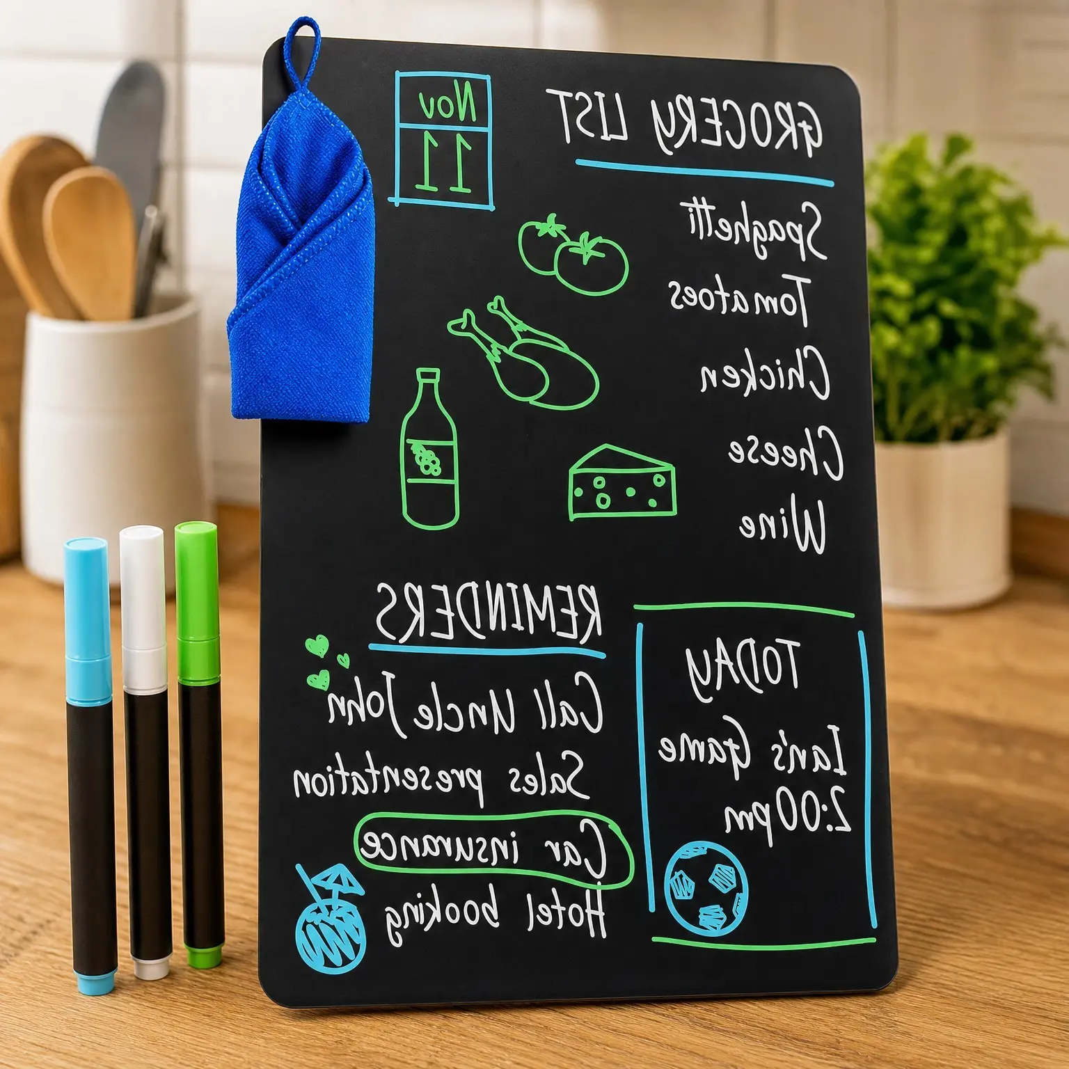 12" x 8" Magnetic Black Dry Erase Board for Fridge with 3 Markers & Eraser