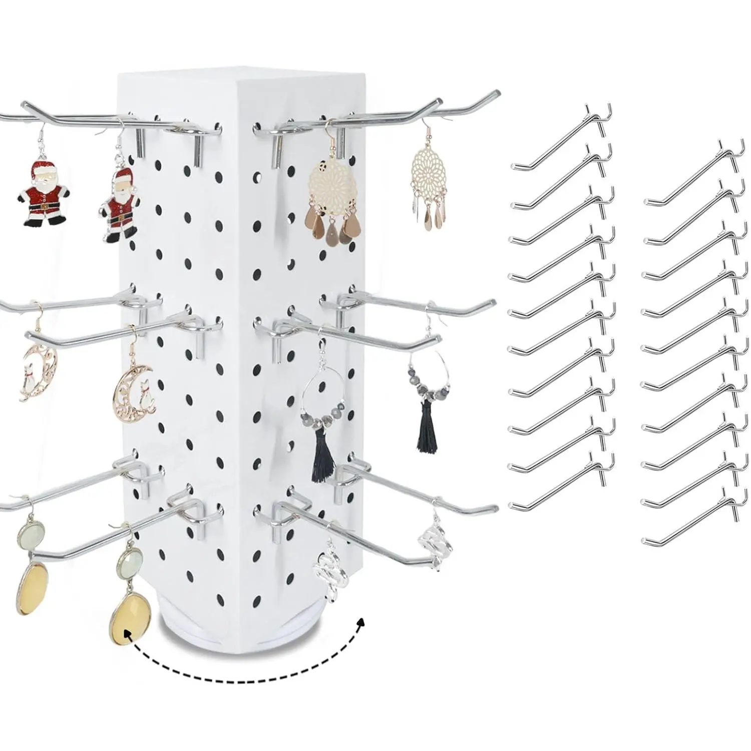 Rotating Pegboard with 20 Peg Hooks 4-Sided Pegboard Spinning Display Stand 4 x 4 x 12 Inches,  Display Stand for Retail Display, Earring Display (White)