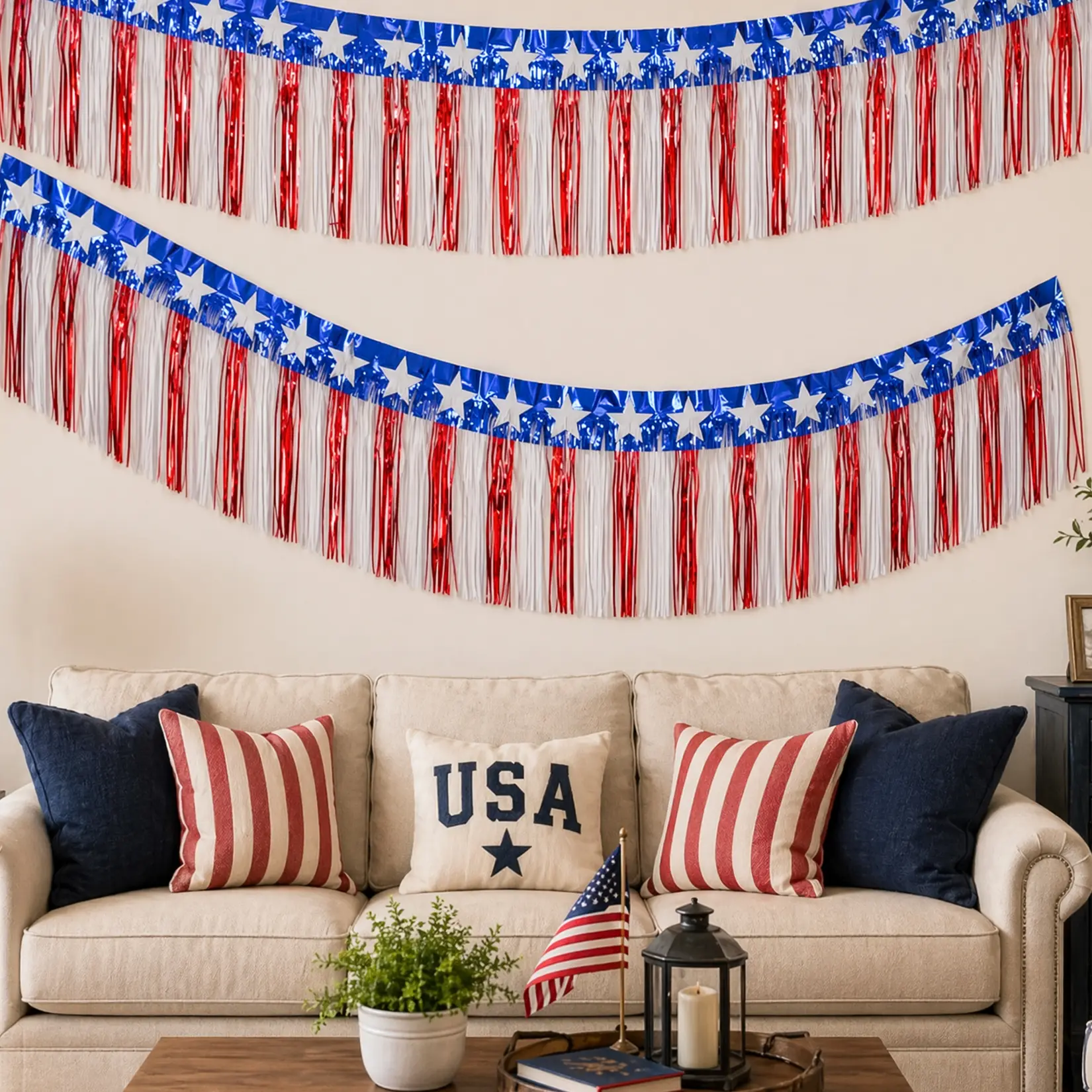 Patriotic Red White Blue Tassel Banner Set - 6-Pack Durable Lightweight Plastic Garland - 38x600cm Decoration for 4th of July, Memorial Day, Outdoor Parties