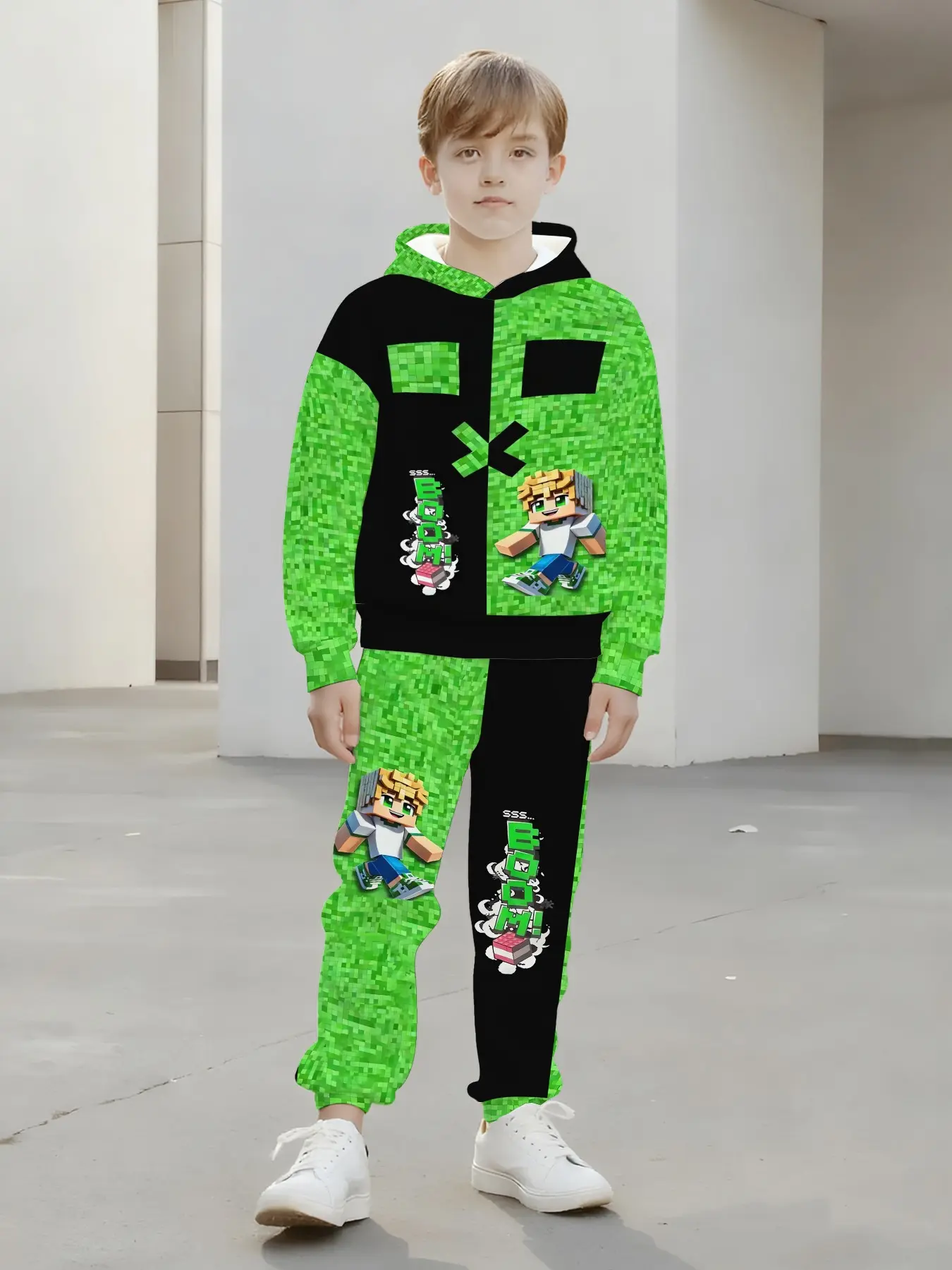 Boys' Pixel Carnival Game Element Hoodie Set, Trendy and Cool, Loose-Fitting Casual Suit for Spring & Fall Outdoor Activities, Co Ord Set, Outfit Sets