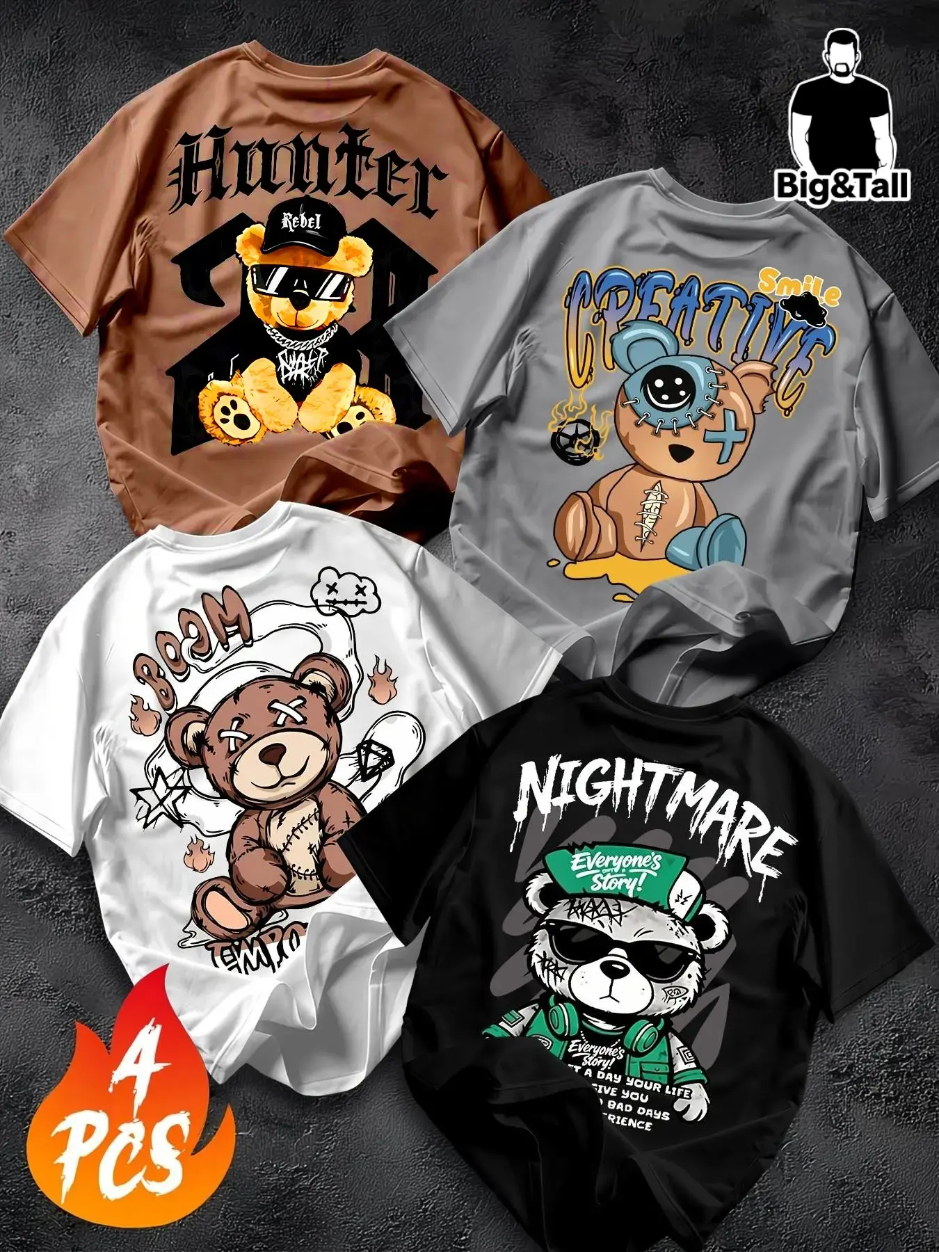 4-Pack Plus Size Men's T-Shirts, Round Neck, Cool Teddy Bear Print, Graphics, Loose Fit, Street Style, Streetwear, Hunter/nightmare Bear Design, Casual Combo Tops, Casual Graphic Tee