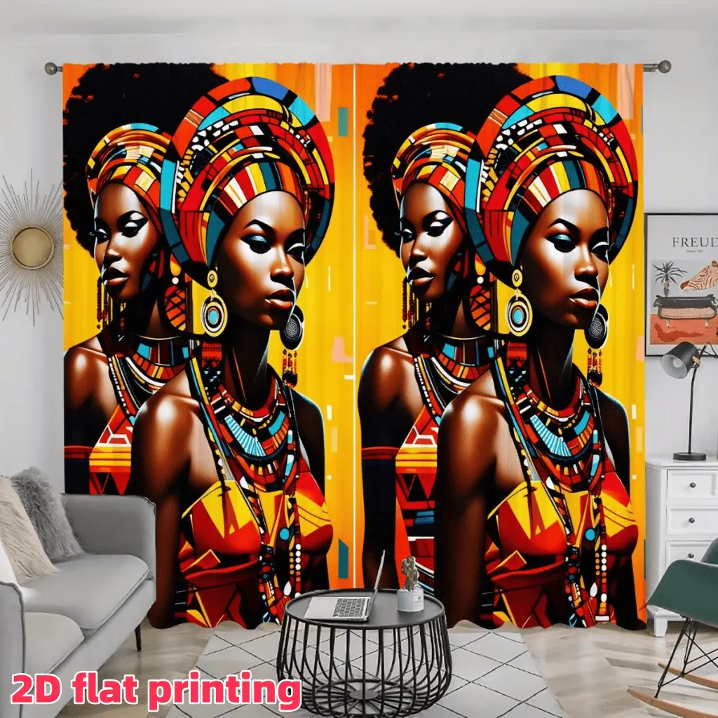 2D Flat 2Pcs African Women Print Window Curtains Panels, Vibrant Cultural Artwork for Living Room Bedroom, Decorative Treatment Home Privacy, Semi-Shading Ethnic Art Drapes with Rod Pocket