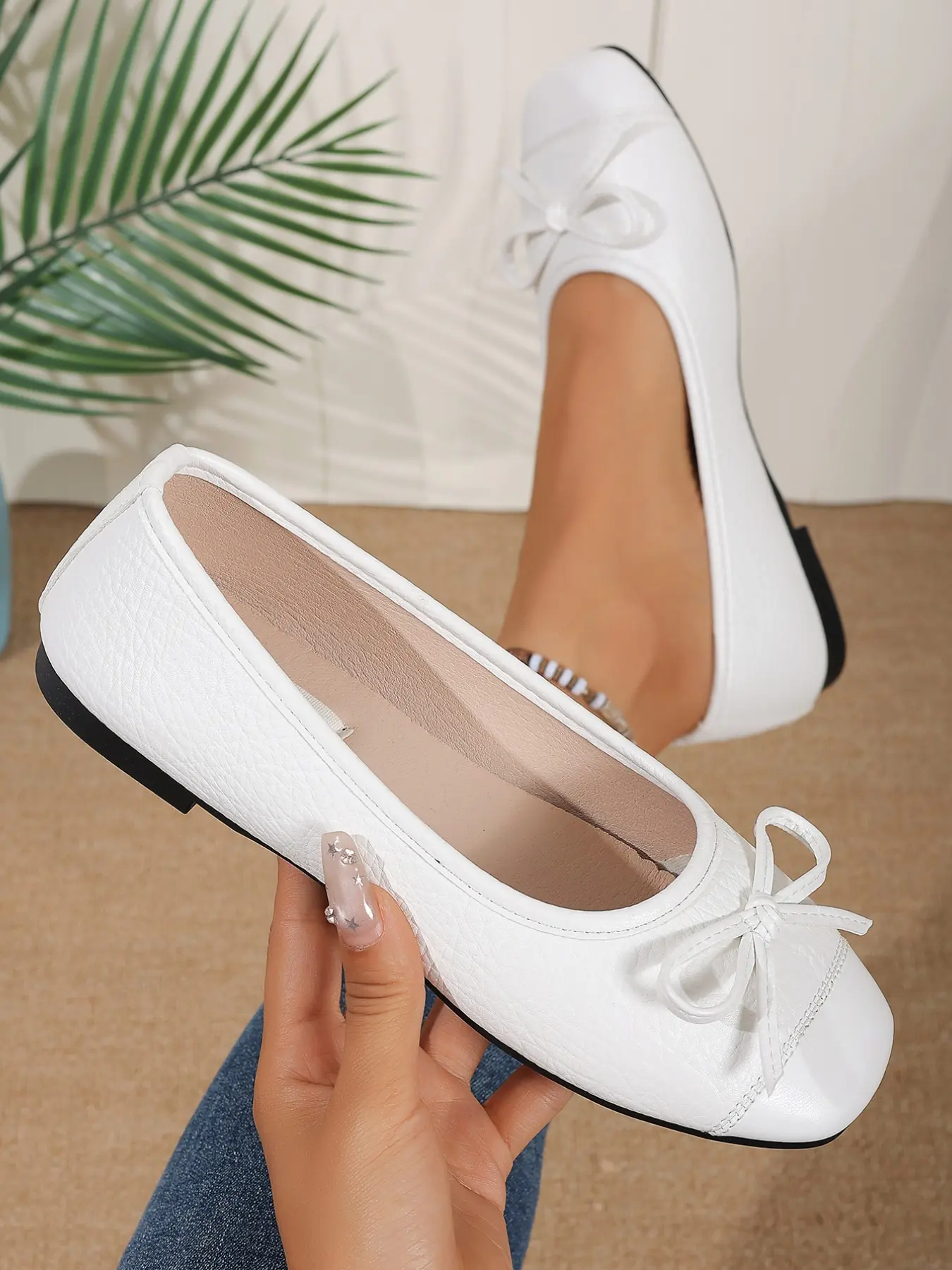 Breathable Soft Leather Bow Low Heel Shoes, Anti-Slip Thin Sole Retro Ballet Flat, Casual Shopping Date Commute Comfortable Women's Shoes