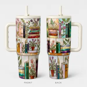 1pc 40oz Stained Glass Floral Bookshelf Tumbler with Handle and Straw, Insulated Car Cup Holder Friendly Travel Mug, Aesthetic Bookish Gift for Book Lovers and Librarians