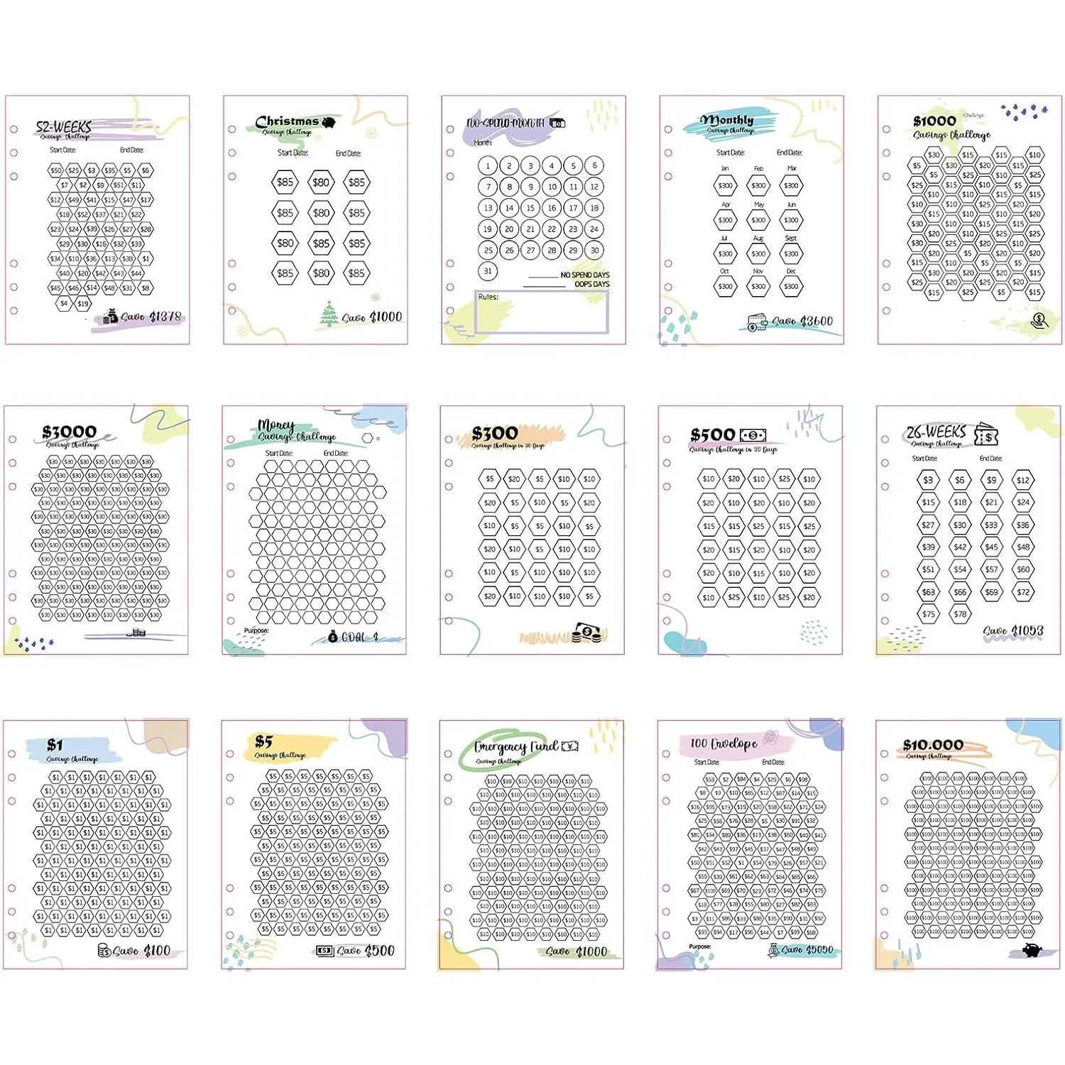 Laminated  Savings   for 6-Ring A5 Binders,  Savings  sheets,multiple budget cards for savings  planner(15pcs A5)