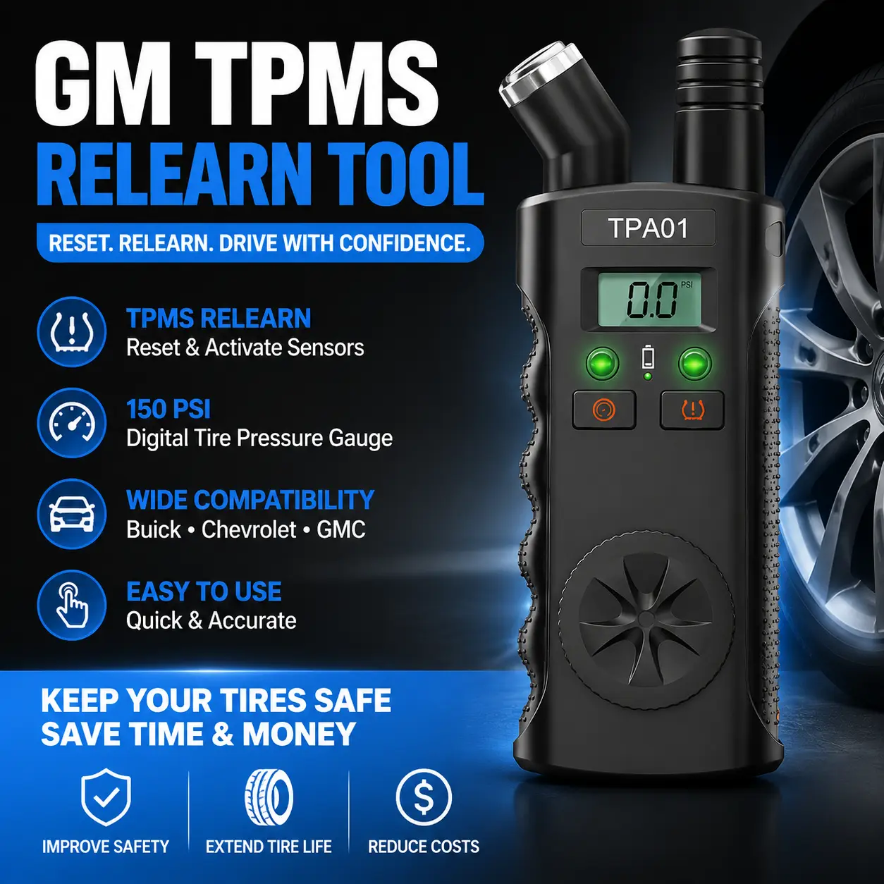 GM TPMS Relearn Tool with 150 PSI Digital Tire Pressure Gauge, Tire Sensor Reset & Activation Tool, Compatible with Buick, Chevrolet & GMC Vehicles, Car Tire Pressure Monitoring System Diagnostic & Programming Tool
