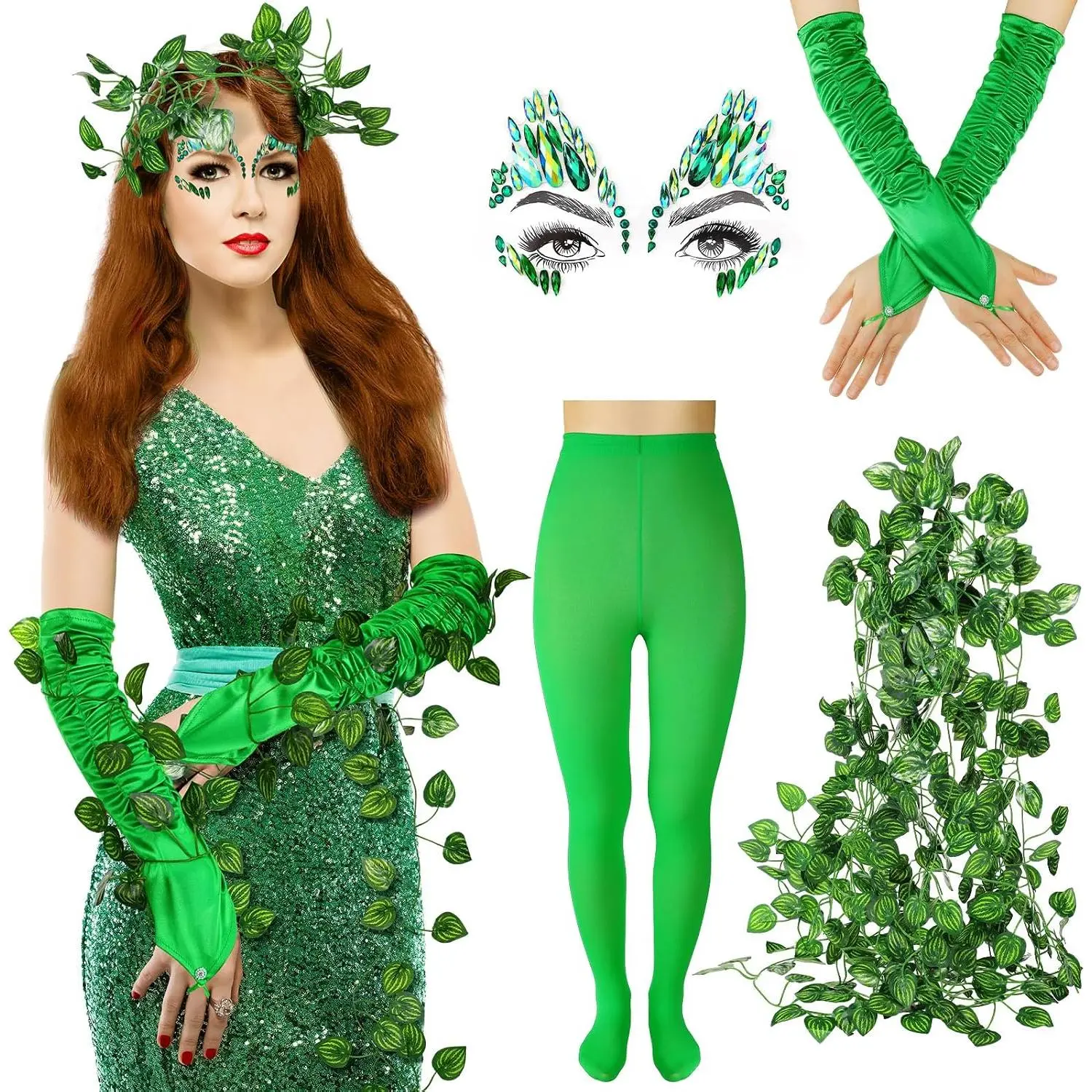 8 Pcs Women's Green Cosplay Costume & Dance Set |   Bright Jewels, Face Tattoo, Vines, Tights & Gloves Party Kit
