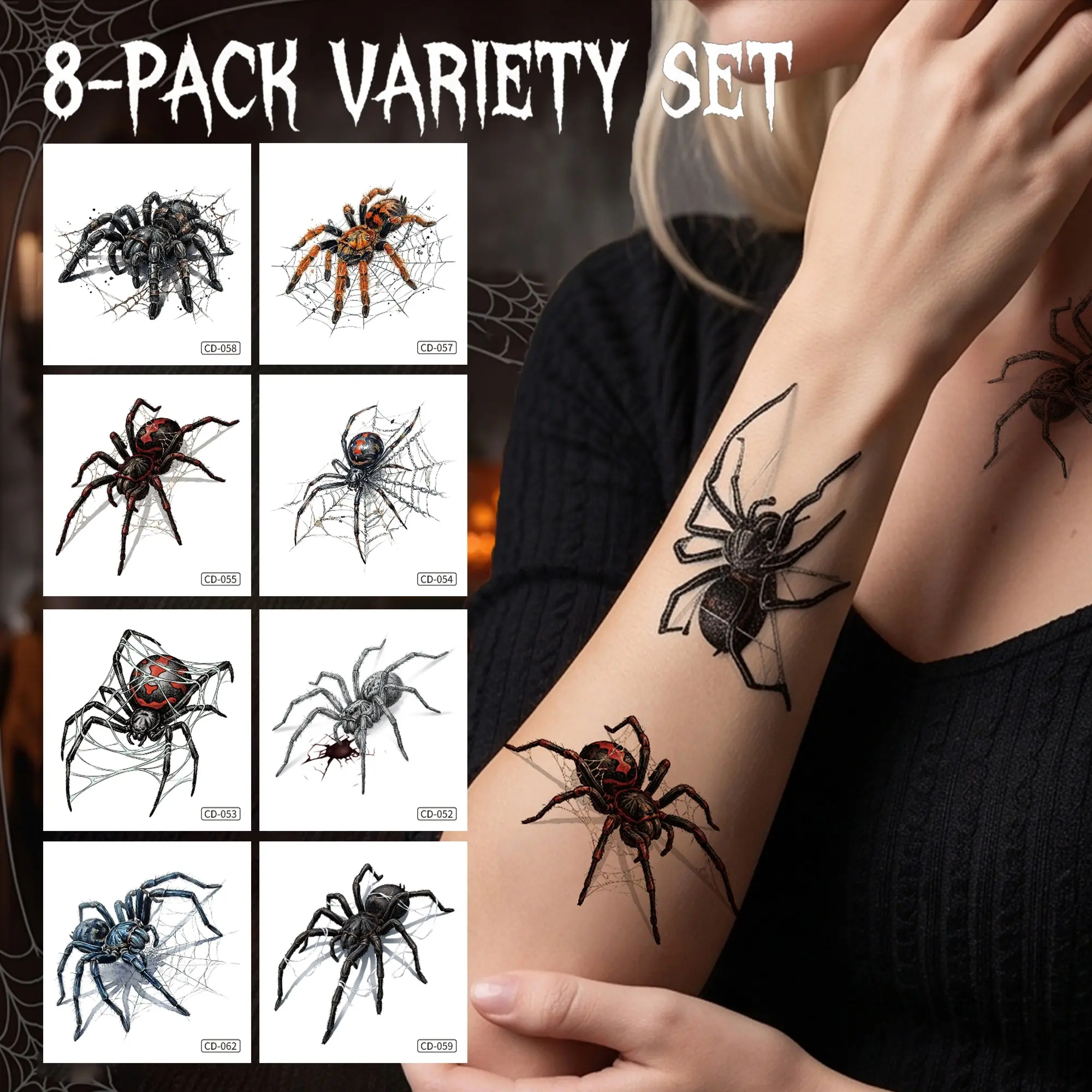8 Sheets 3D Realistic Spider Temporary Tattoo Stickers, Halloween Prank‑Makeup Fake Tattoos, Waterproof Sweat‑Resistant Day of the Dead Decor, Unisex Costume Accessories for Men & Women, DIY Prank Props for Cosplay & Masquerade Parties