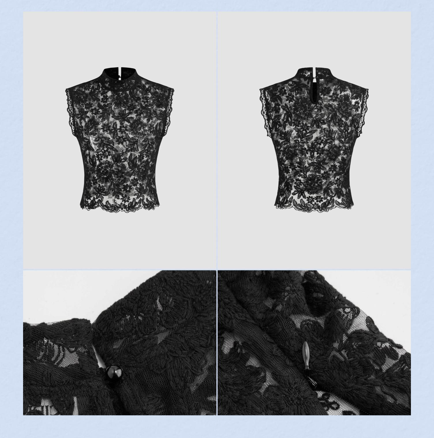 Cider Lace Crop Top with Mandarin Collar – Sheer Floral See-Through Tank， Layering-Friendly for Date Nights & Spring Outfits， Sizes 2-10