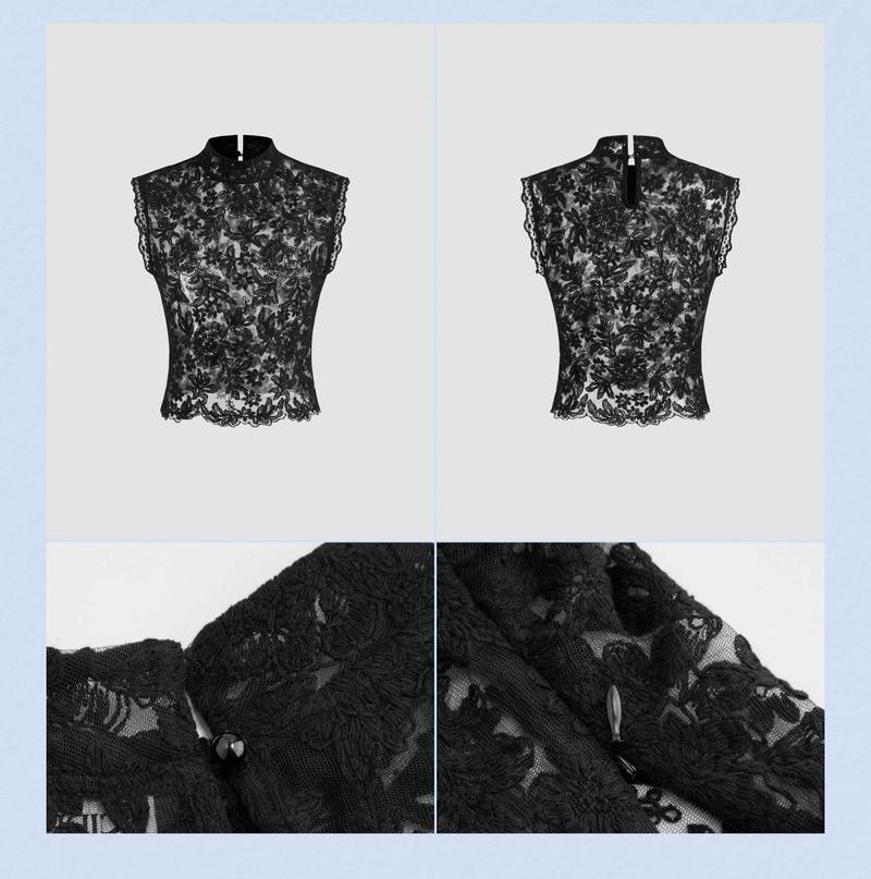 Cider [size 2-10] Lace Mandarin Collar Floral See-through Tank Top