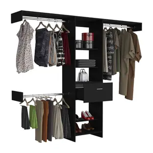 Aobtkel Manchester 250 Closet System, Five Open Shelves, One Drawer, Three Metal Rods -Black