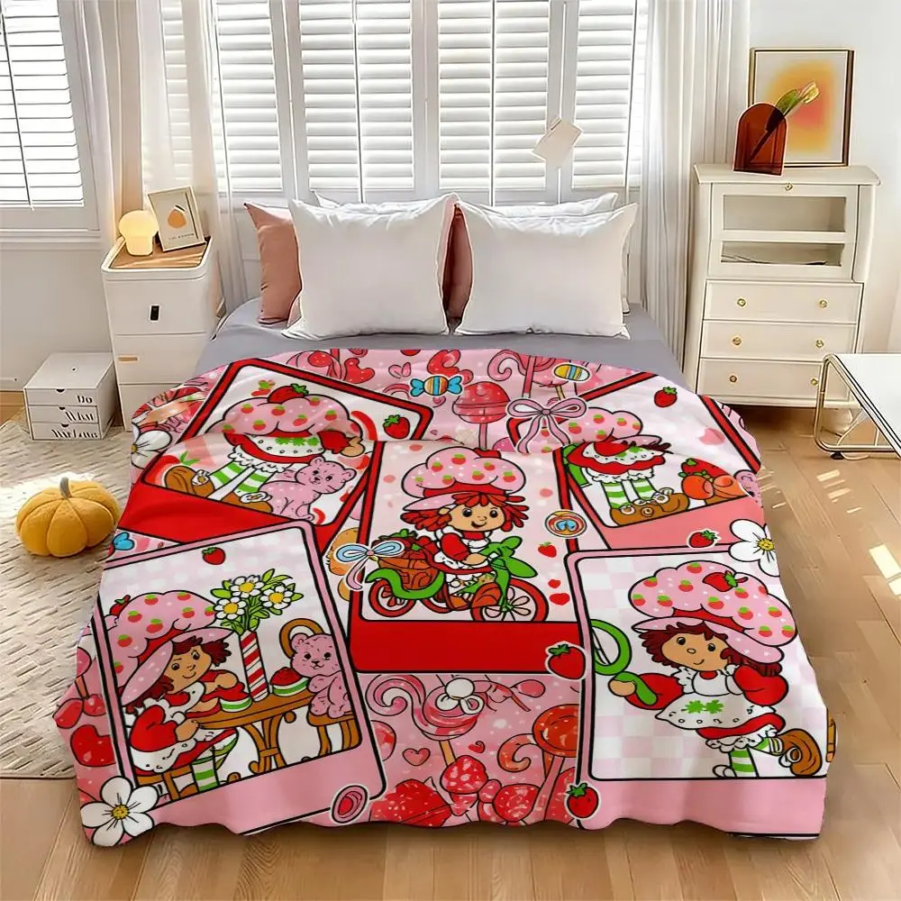 Strawberry Shortcake Flannel Throw Blanket - Sweet Strawberry Girl & Cat Cartoon Pattern, Soft Lightweight, Cozy Aesthetic, Child Room Sofa Decor, 4-Season Nostalgic Gift for Fans & Children