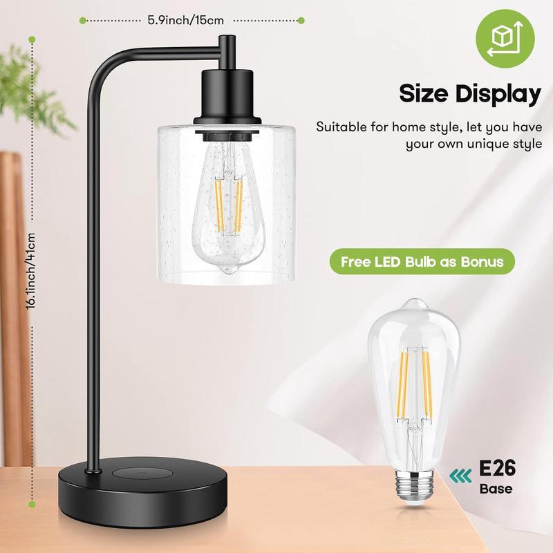 2Pcs Wireless Charging Industrial Table Lamp 3-Way Touch Control Dimmable Desk Lamp with USB Port Bedside Lamp with Hanging Seeded Glass Shade for Office Bedroom Living Room, Bulb Included