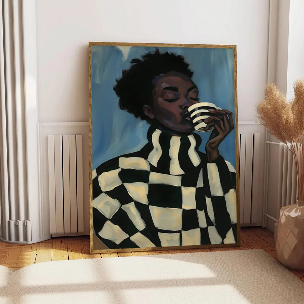 1pc Unframed 2D Flat Checkered Canvas Wall Art - Festive Vintage-Style, Blue Background, Multi-Size, Scratchproof, Calming Home Decor for Christmas, Posters & Prints for Home Supplies