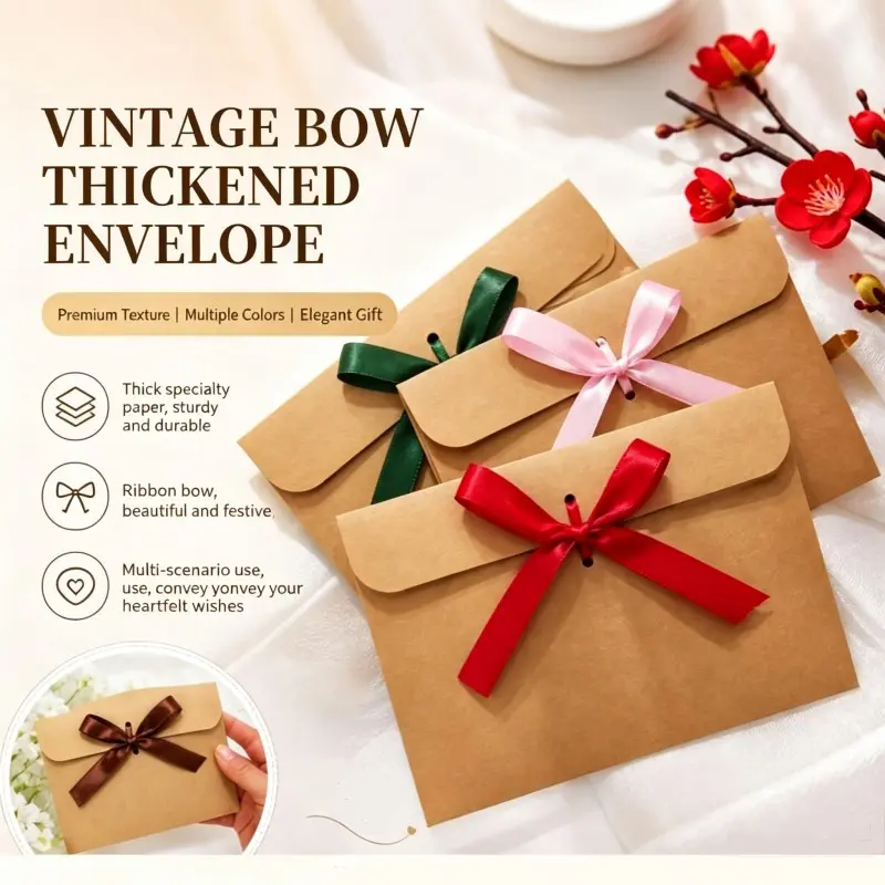 Set of 20 Kraft Envelopes with Ribbon Bow, Personalized Elegant Invitation Pouches, Wedding Birthday Gift Envelopes, Gift Card Holders
