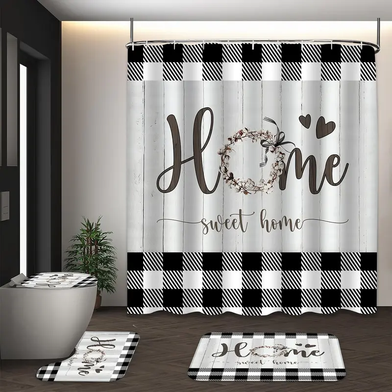 Plaid & Letter Pattern 4pcs Non-slip Bathroom Decoration Set, Including Bath Curtain, Toilet Lid Mat & Bath Mat, Bathroom Supplies, Home Goods, Bathroom Decoration Accessories, Bathroom Decor And Accessories