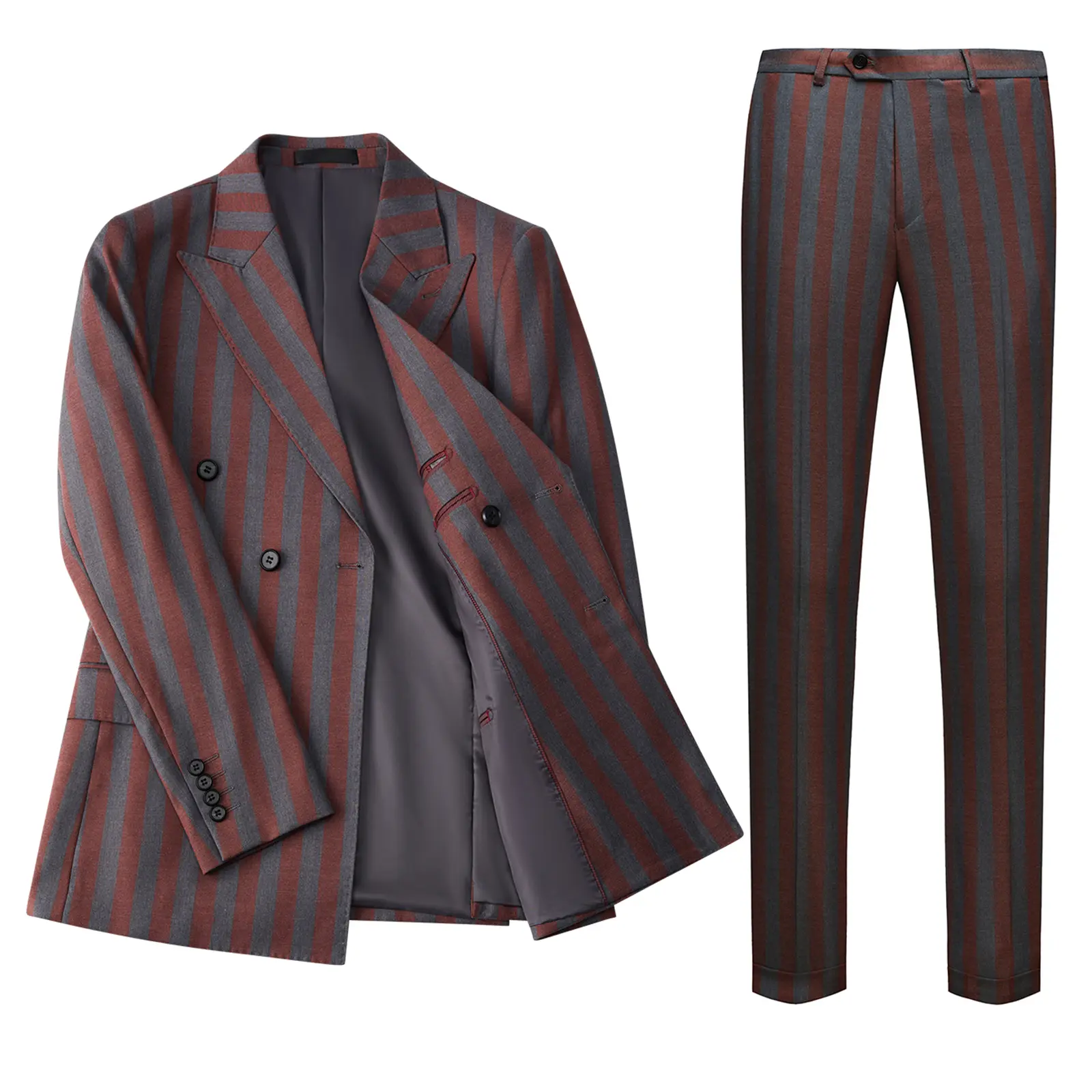 Men's 2-Piece Suit in Chic Striped Stretch Polyester, Double Breasted Blazer with Split Vent and Pants for Work or Weddings, Buttons, Basics, Soft, Fabric, Dry Cleaning, Hand Wash, Peak Lapel, Fitted, Drape