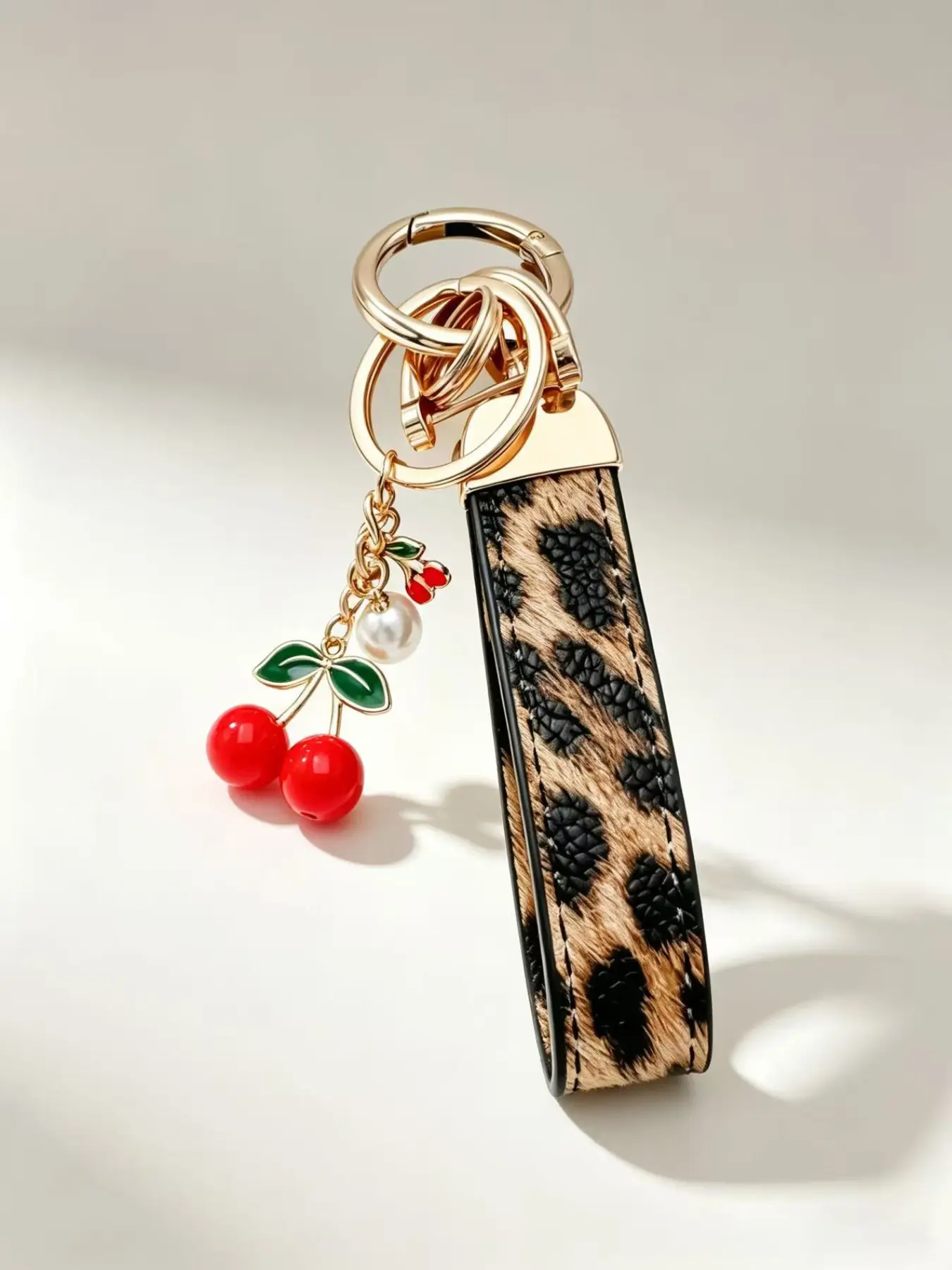 Cute Cherry Pearl Charm Leopard Print PU Leather Wristlet Keychain, Fashion Women Wrist Lanyard Key Holder, Car Keys Purse Bag Decoration Gift
