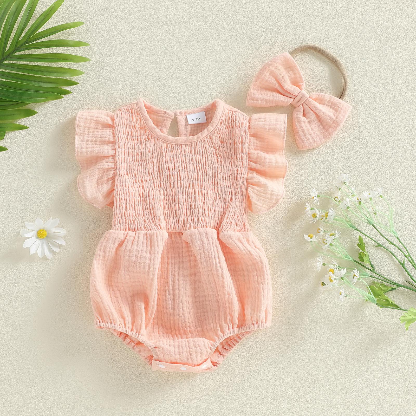 Newborn Baby Girl Romper Ruffle Sleeve Solid Smocked Bubble Romper Jumpsuit Bow Headband Cute Infant Summer Clothes