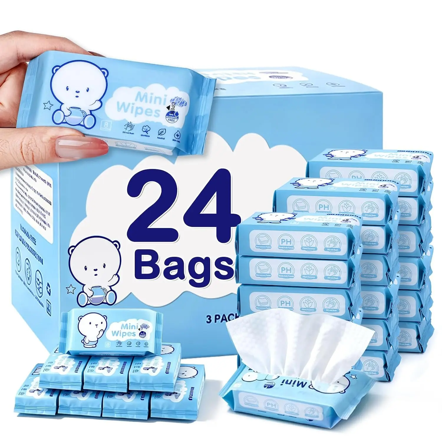 24 Pack Mini Travel Wet Wipes, 8 Wipes Each, Pocket Size Portable Wipes with 99.5% Water, Unscented Gentle Cleansing Wet Wipes for Travel Size Essentials, Office, Outdoor & Everyday Use
