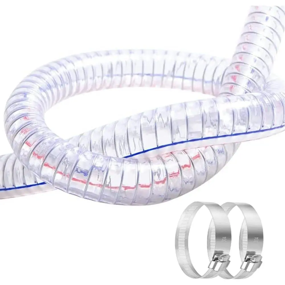3/4" ID x 1" OD, 1FT length Steel Wire Hose PVC Vacuum Tubing (with 2 Stainless Clamps), Drain Hose Vinyl Suction Tubing Flexible Tube Vinyl Hose Line
