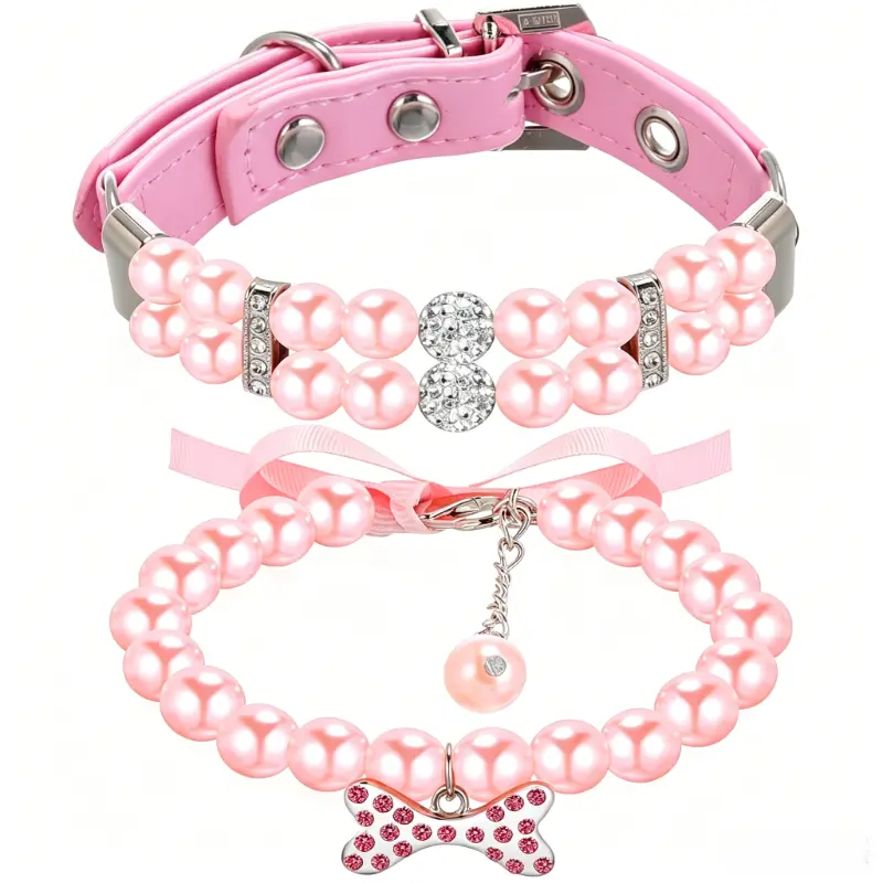 2 Pcs Small Dog Cat Pearl Collars and Pearl Necklace Set Cute Pet PU Leather Collars Necklace with Crystal Rhinestone for Dogs Cats Puppy Kitten Party Wedding Birthday
