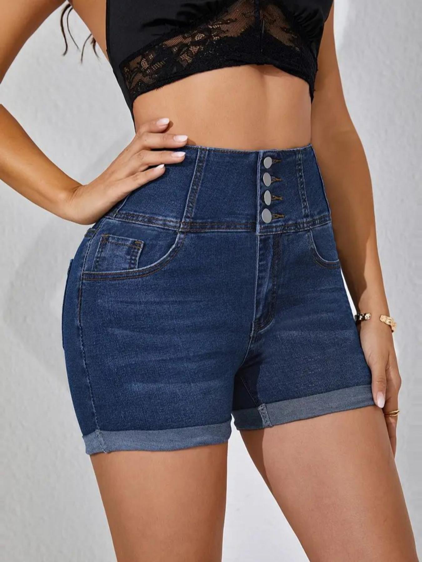 Women's High Waist Denim Shorts, Casual Comfy Button Fly Skinny Shorts for Daily Wear, Ladies Bottoms for All Seasons