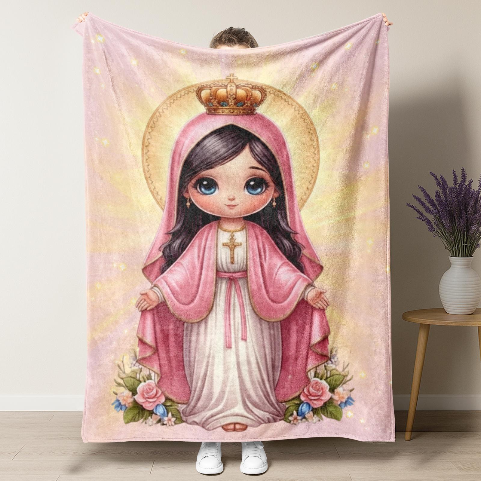 Virgin Mary Cute Pink Pattern Throw Blanket with Guadalupe Roses Catholic Gift for Girls Coquette Aesthetic Room Decor Soft Warm Nap Blanket for Home Office Travel