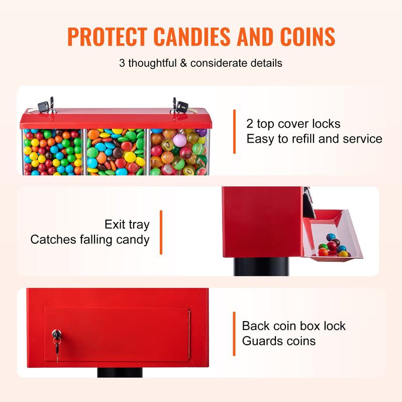 Commercial Vending Machine, Triple Compartment Candy Dispenser with Iron Stand, Gumball and Candy Machine for Business, Coin Operated Gumball Bank for Toy Capsules Bouncy Balls Candy Nut, Red