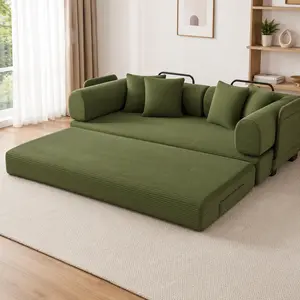 79" Convertible Sleeper Sofa Bed with 4 Pillows, 5-in-1 Corduroy Futon Couch for Small Spaces, Boneless Couch Floor Modular Sofa with Fixed-Shape Frame, For Guest Bed & Kids Play Area with Washable Cover,teddy sofa for Adults,No-Assembly