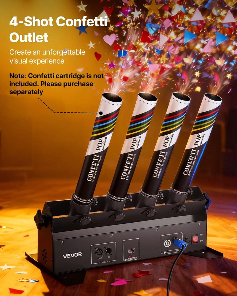 VEVOR Electric Confetti Cannon Machine, High Output 4-Shot Confetti Launcher, DMX512, Manual & Remote Control, Portable Confe-tti Shooter for Wedding Christmas DJ Party Event Show Stage Nightclub