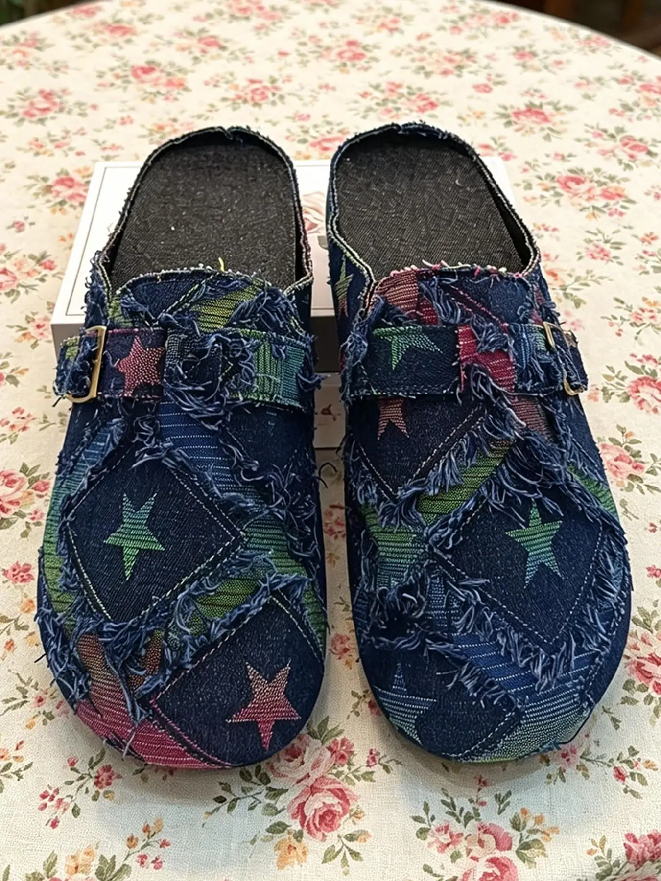 Men's Denim Single Buckle Frayed Edge Backless Mules, Vintage Washed Platform Slip-On Casual Slides, Casual Shoes Clogs