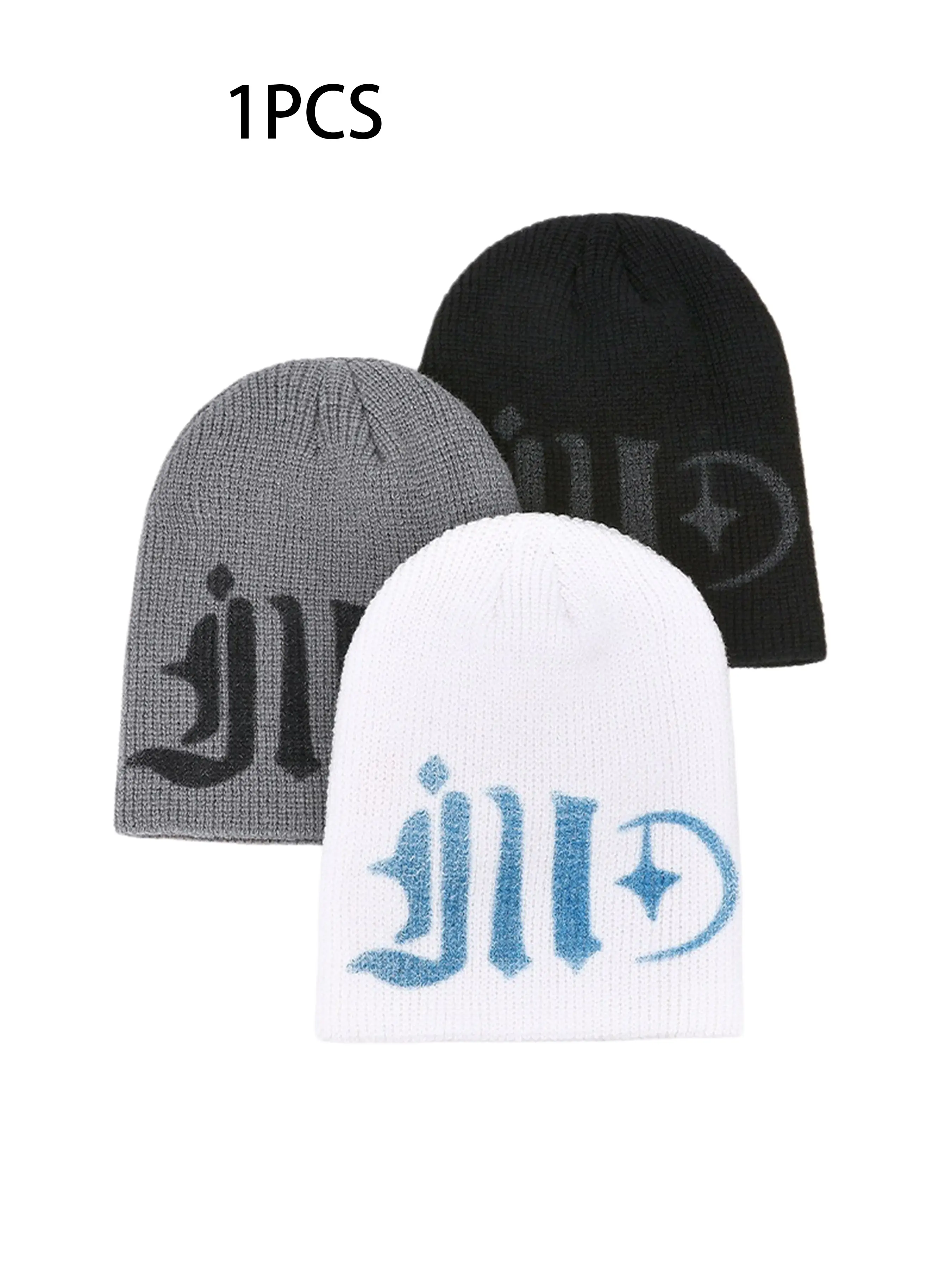 Gothic Letter Star Moon Knit Beanie, Y2K Street Elastic Skull Hat, Unisex Teenager Hat, Retro Medieval Font, Warm Hip Hop Headwear