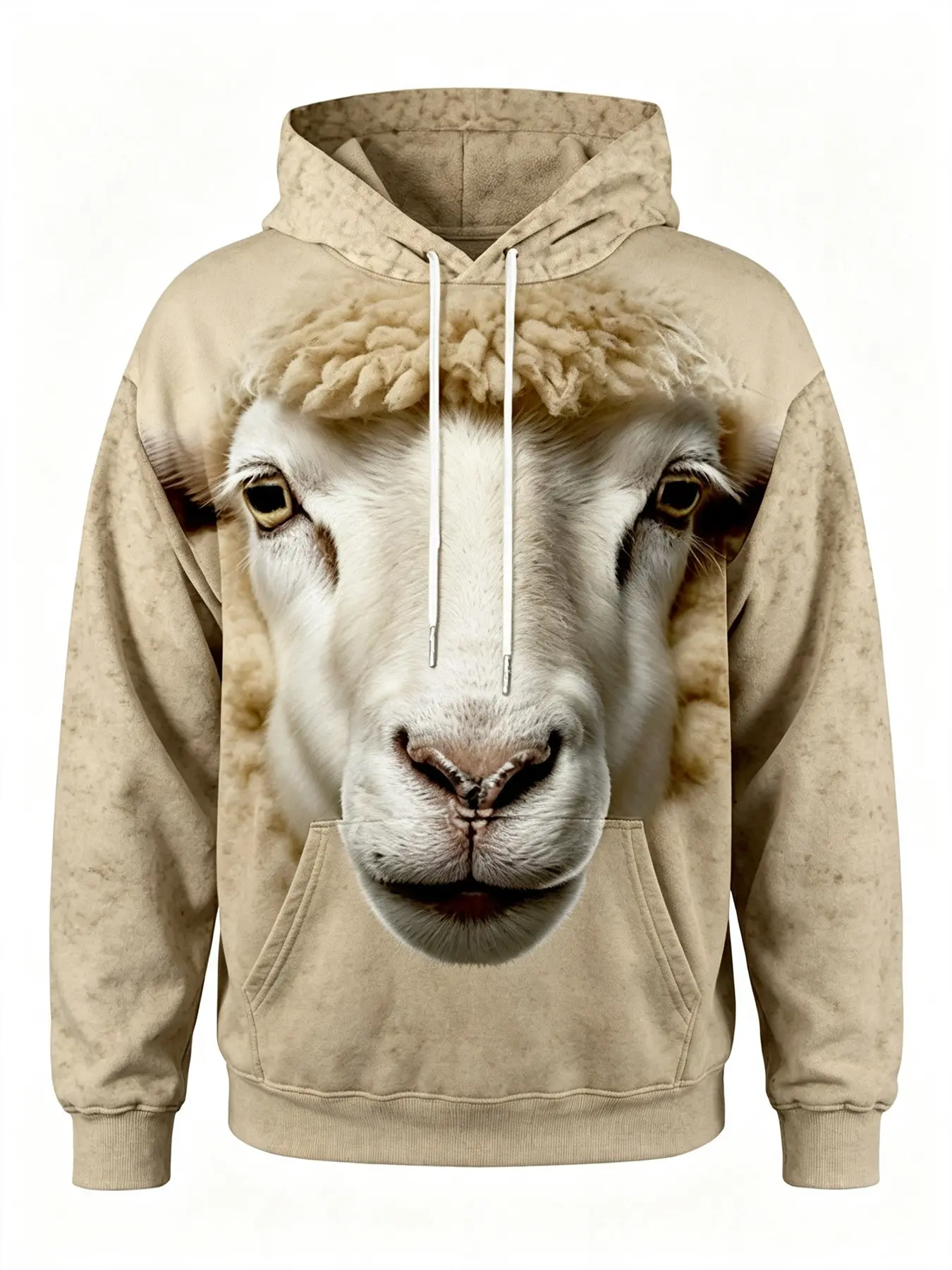 3D Full-Print Hoodie with Realistic Sheep Head Design, Vintage Distressed Streetwear Hooded Sweatshirt