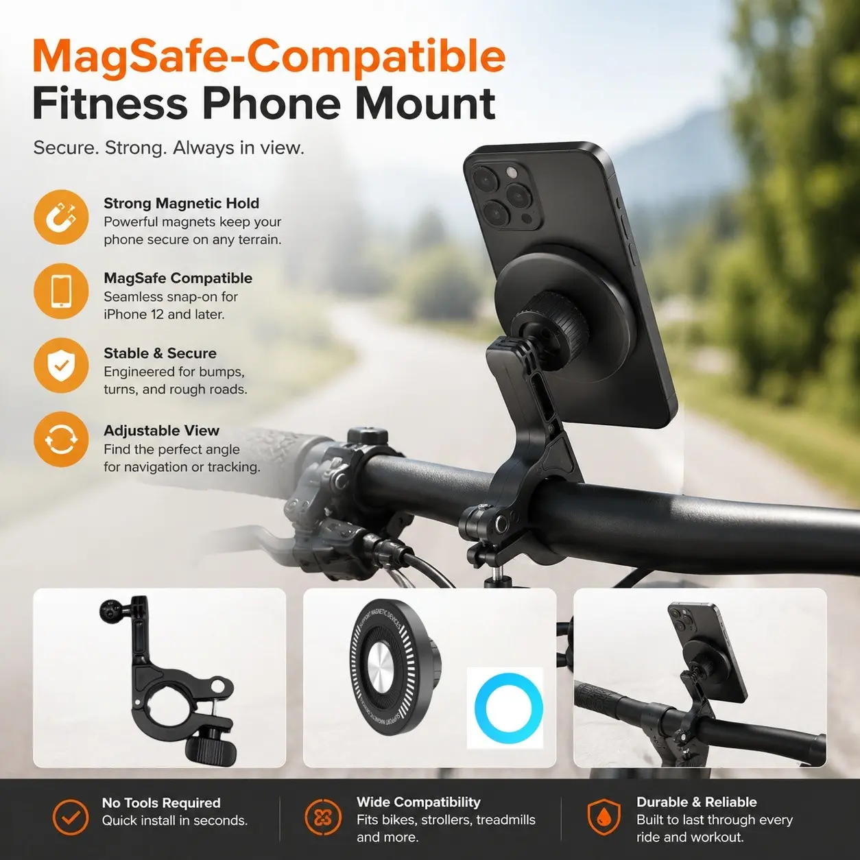Magnetic Phone Holder for Apple Devices, Rotatable Magsafe Stand, Strong Magnetic Force, Bike & Stroller Mount, Easy Installation