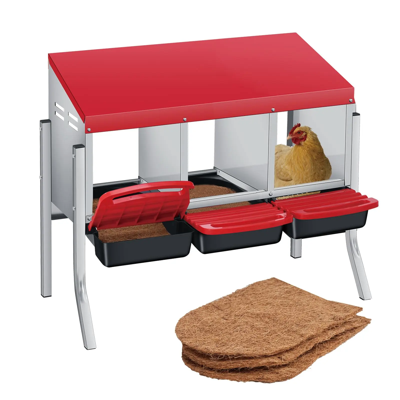 Galvanized Steel Chicken Nesting Box with Roll Away Egg Collection, Swing Perch and Easy-Clean Laying Pads for Hen Coop