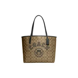 COACH City 33 Classic Monogram Canvas Tote Bag for Women, Structured Top-Handle Shopping Bag in Khaki