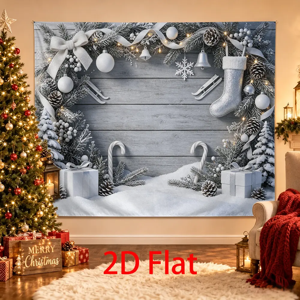 Silver White Christmas Backdrop, Winter Wood Photography Background with Stocking, Sled, Snowflakes, Candy Canes, Gifts and Frosted Pines