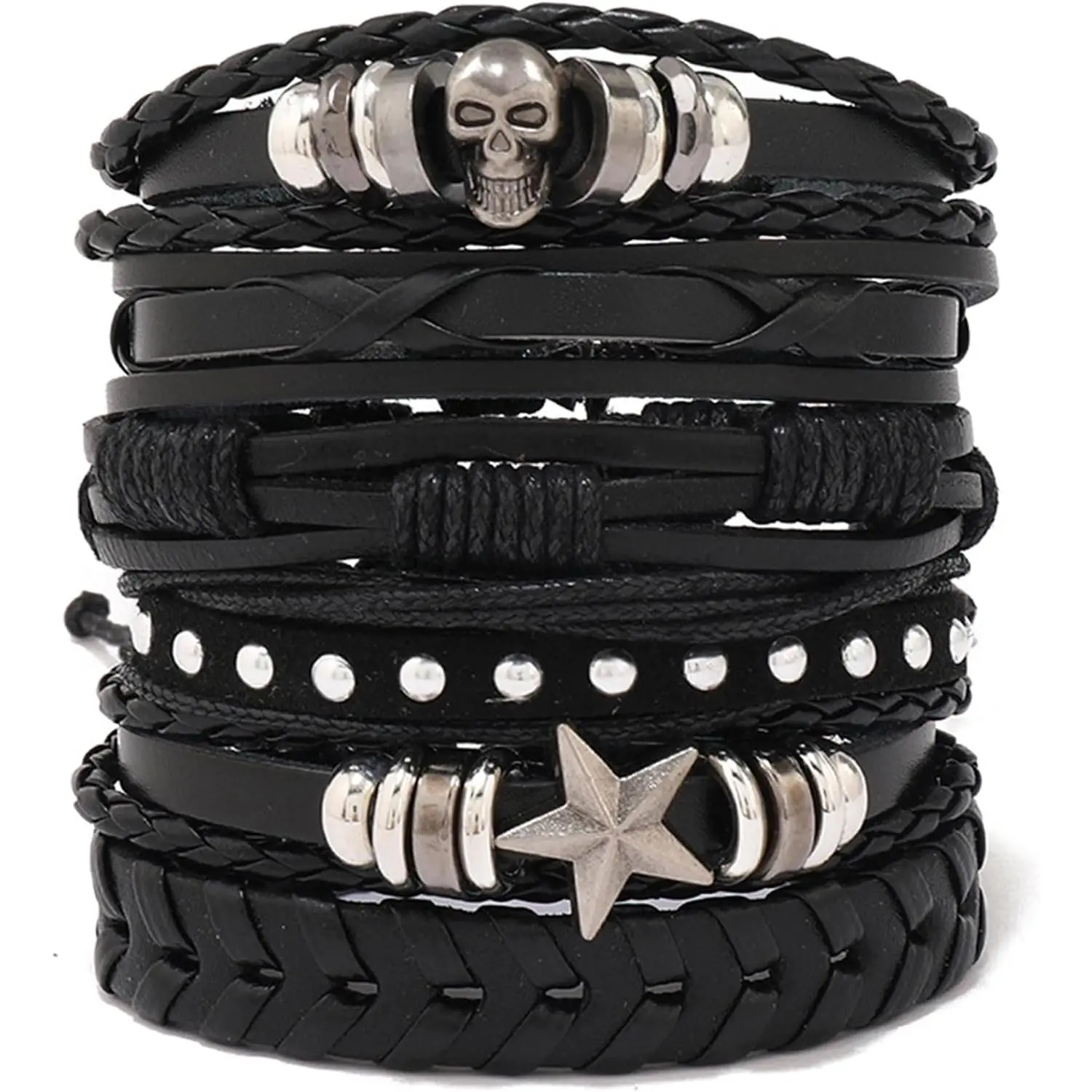 6 count Punk Rock Studded Bracelet Set - Adjustable Leather Cuff Wristbands, Gothic Retro Rivet Spikes Armbands, Costume Accessories for Men Women, Black