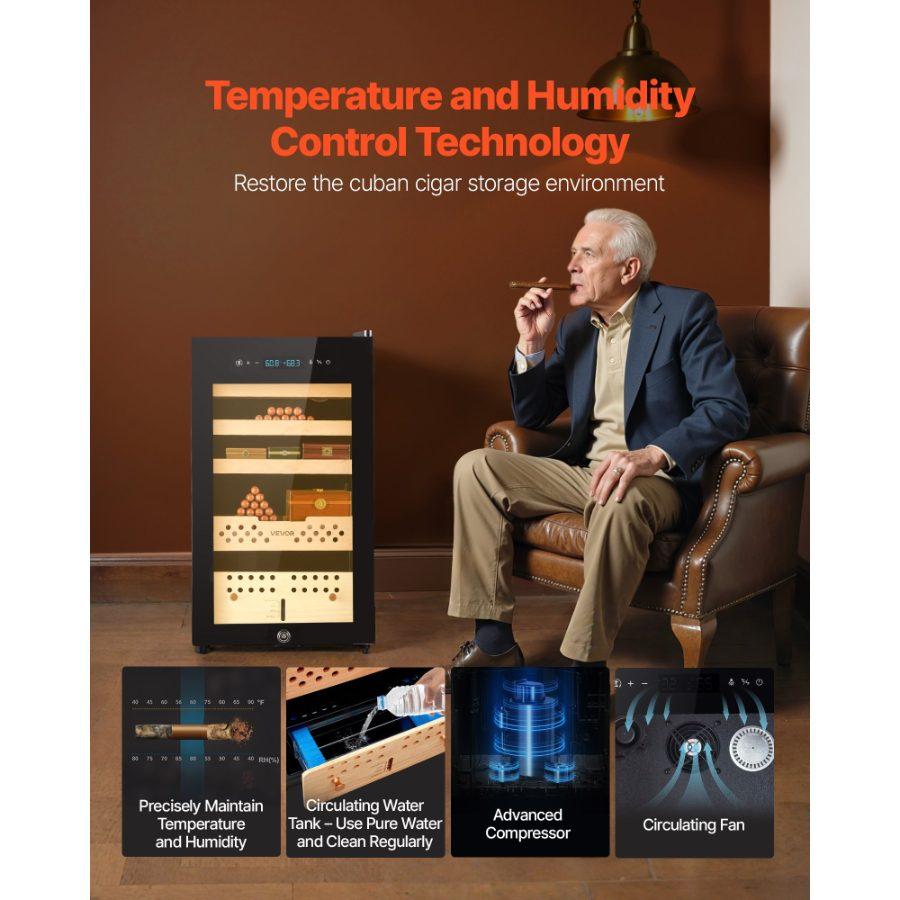 VEVOR Electric Humidor, 70L, 400 Counts Electric Cigar Humidor Cabinet with Compressor Cooling, Constant Humidity Temperature Control, Spanish Cedar Wood Shelves Drawers, 4 Layers, for Household