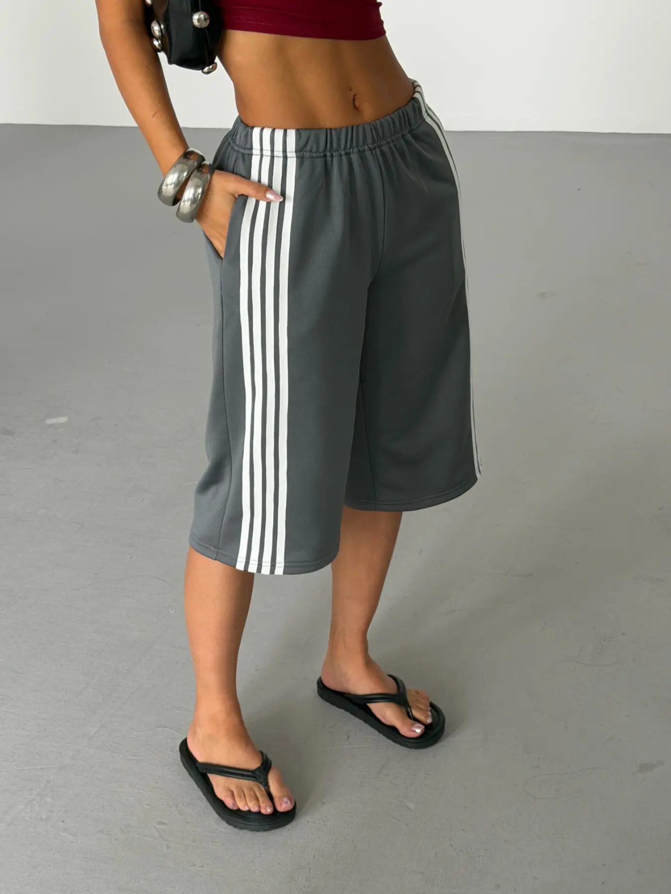 Grey Side Stripe Bermuda Shorts Women Elastic High Waist Loose Fit Knee Length Wide Leg Sports Shorts Casual Y2K Streetwear Summer Drawstring Look Pocket Cropped Pants Fashion