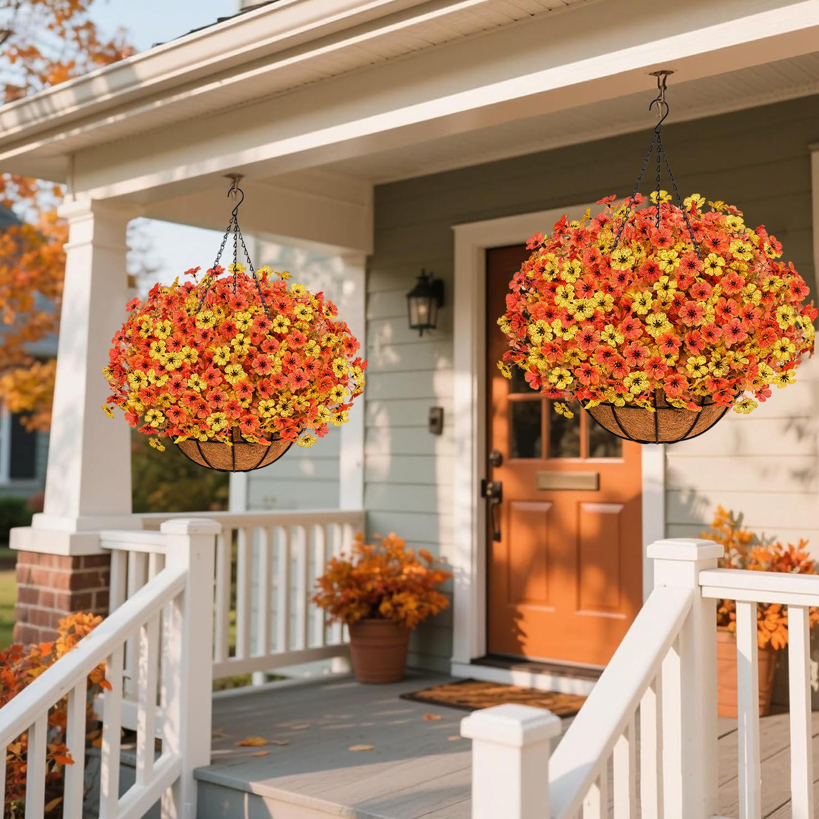 Artificial Fall Hanging Baskets for Outdoors Fake Hanging  Realistic UV Resistant Fall Flowers for Fall Decor Porch Patio Garden Decor OrangeYellow Decorative Fruit Nature Plants Yellow+Orange(12Pcs)