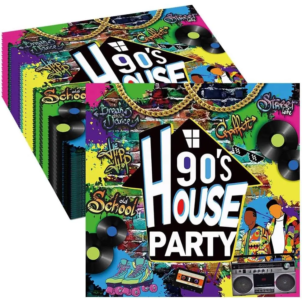 Disposable Paper Napkins - 80-Count Thick Tear-Resistant 90s House Party Graffiti Print, 6.5x6.5in Disposable Tableware for Birthday Party Table Settings Decor, Default