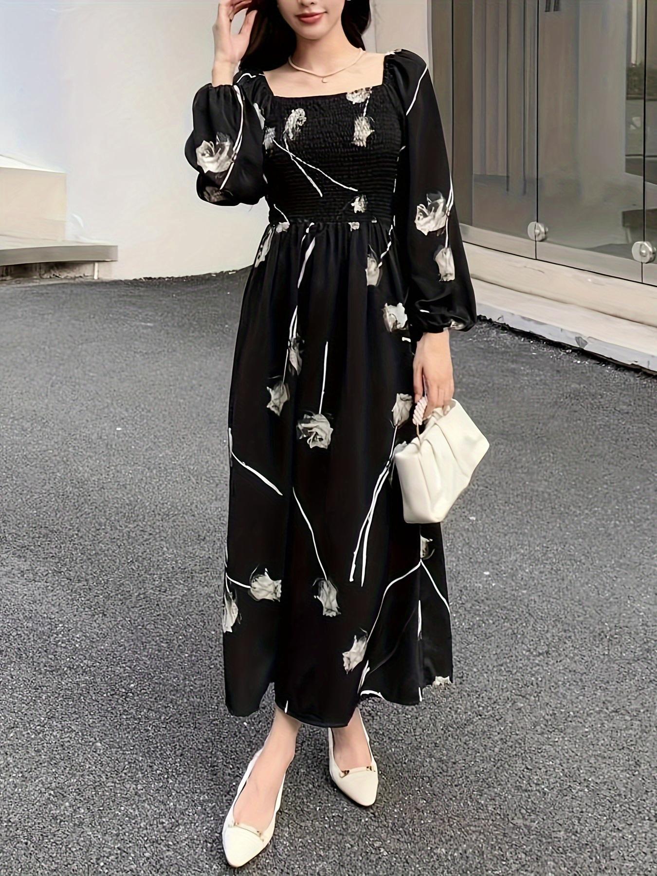 Women's Floral Print Dress, Elegant Fashion Casual Fitted A Line Dress for Daily Outdoor Wear, Women Dress for Spring Fall
