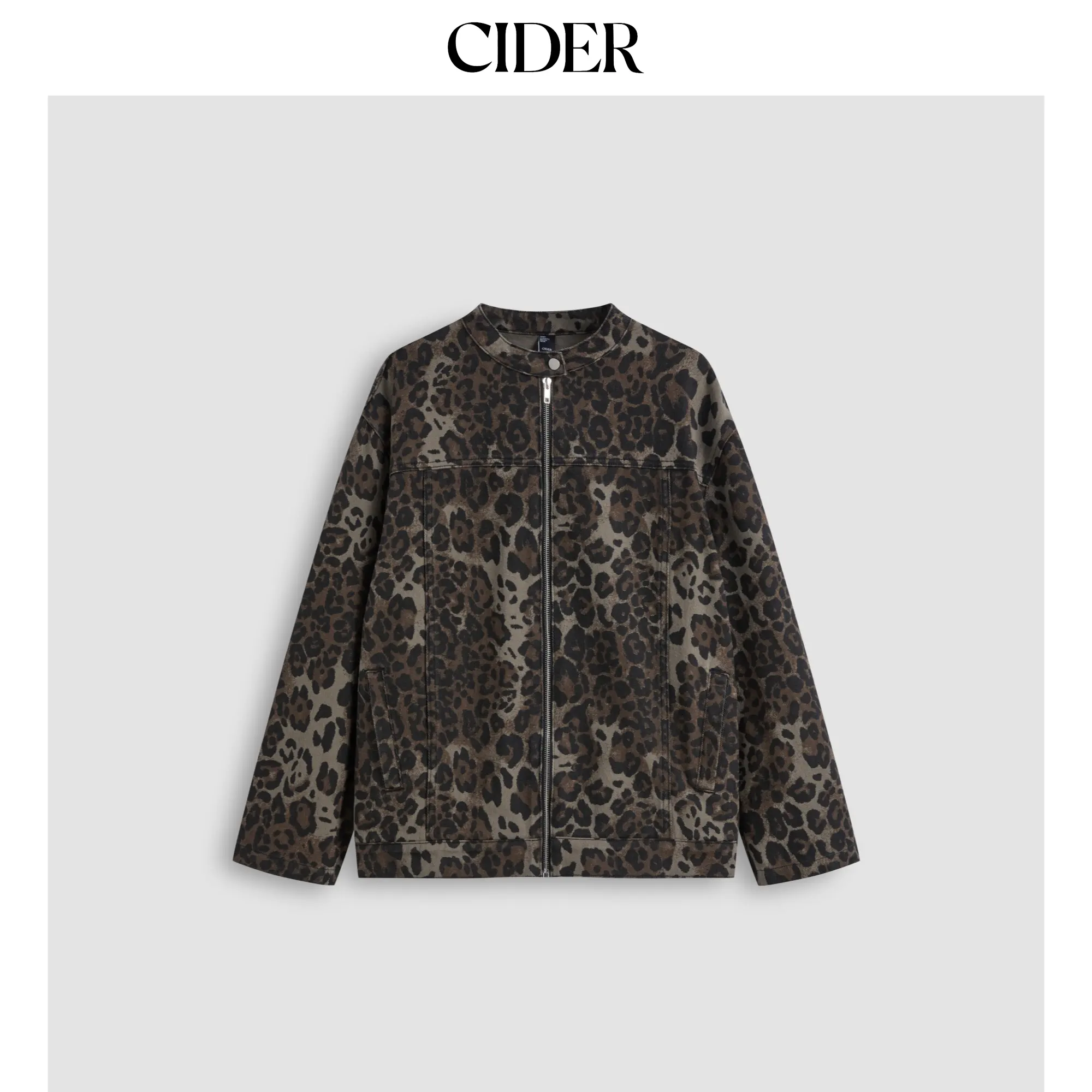 Cider [size 0-10] Denim Round Neckline Leopard Jacket SohoChic