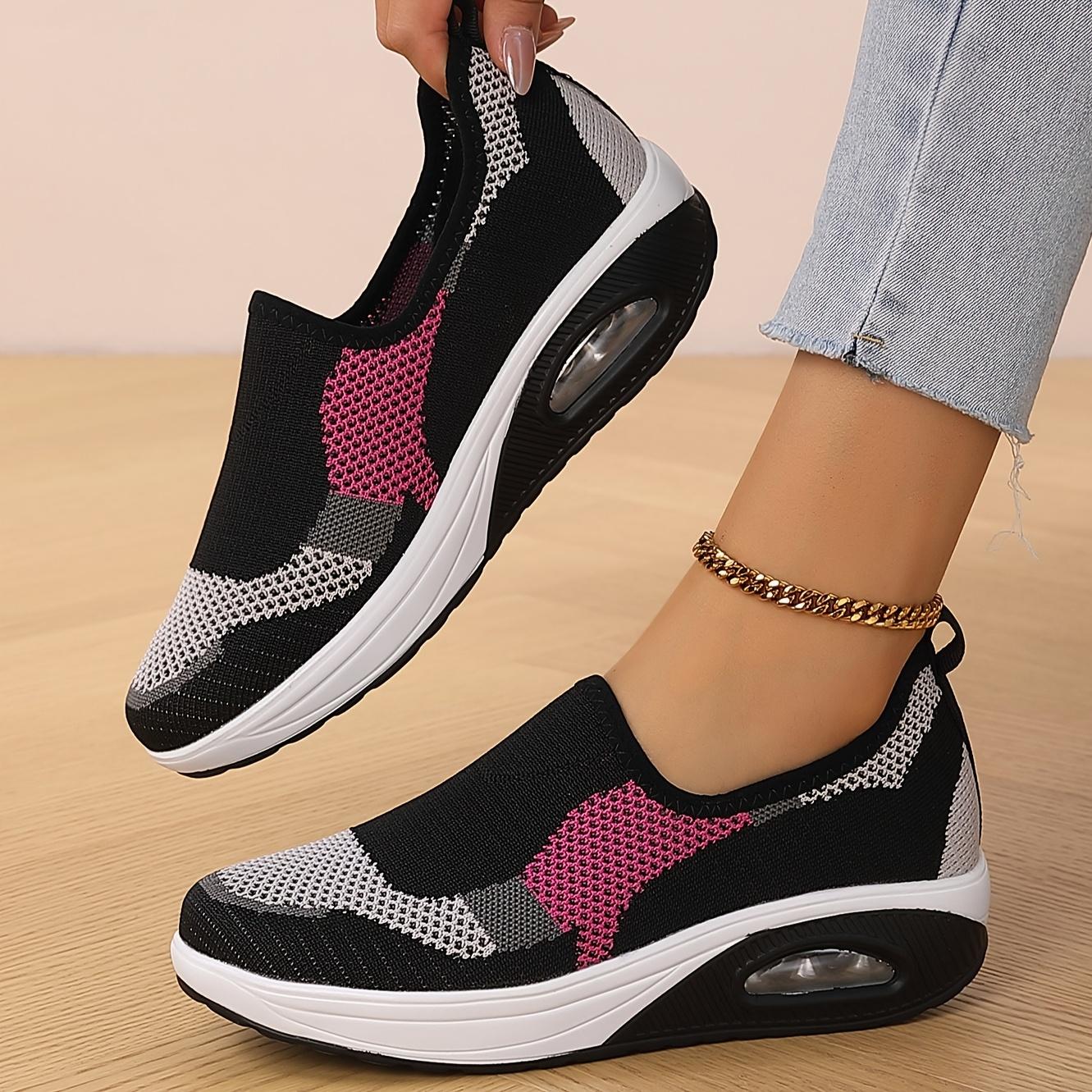 Women's Lightweight Knit Sneakers - Air Cushion, Breathable, Comfortable for All-Season Casual Running (Black/Pink/Gray)