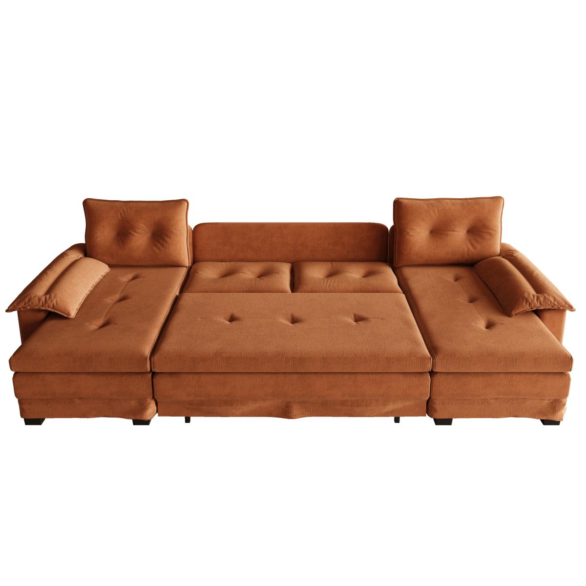 109.5" U-Shaped Sleeper Sofa with Pull Out Bed,2 in 1 Convertible Couch Bed with Removable Armrests & USB Ports,Oversized Sectional Modular with Chaise Lounge for Living Room/Apartment,Orange    RR