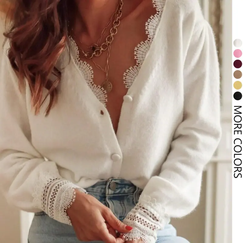 Women's Lace Trim V Neck Knit Cardigan, Elegant French Style Chic Casual Long Sleeve Button Up Sweater, Soft Fuzzy Solid Color Jumper Top for Spring & Fall, Romantic Womenswear, Knit Cardigan Sweaters